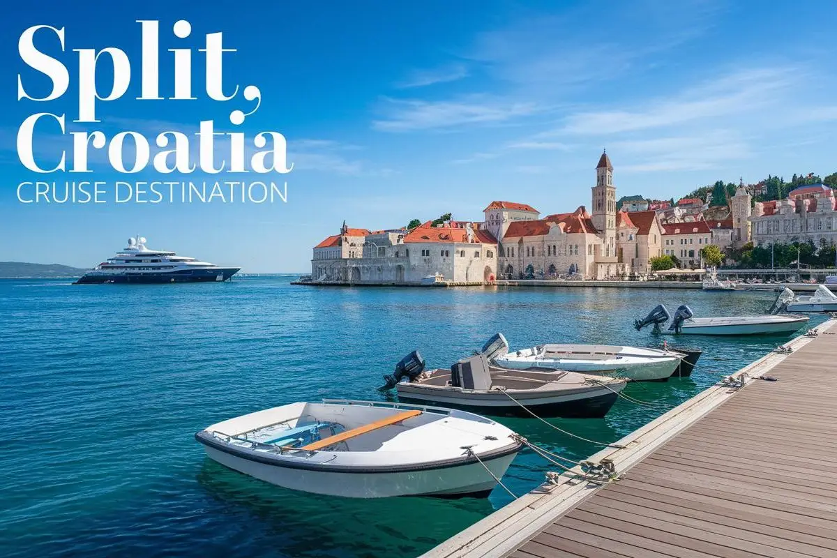 Split, Croatia waterfront on a sunny day. The foreground contains a wooden dock with a few boats tied up