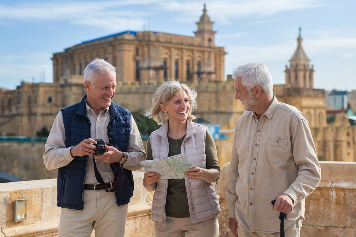 Three cruise guests on tour in Valletta in Malta before their cruise ship departs the port