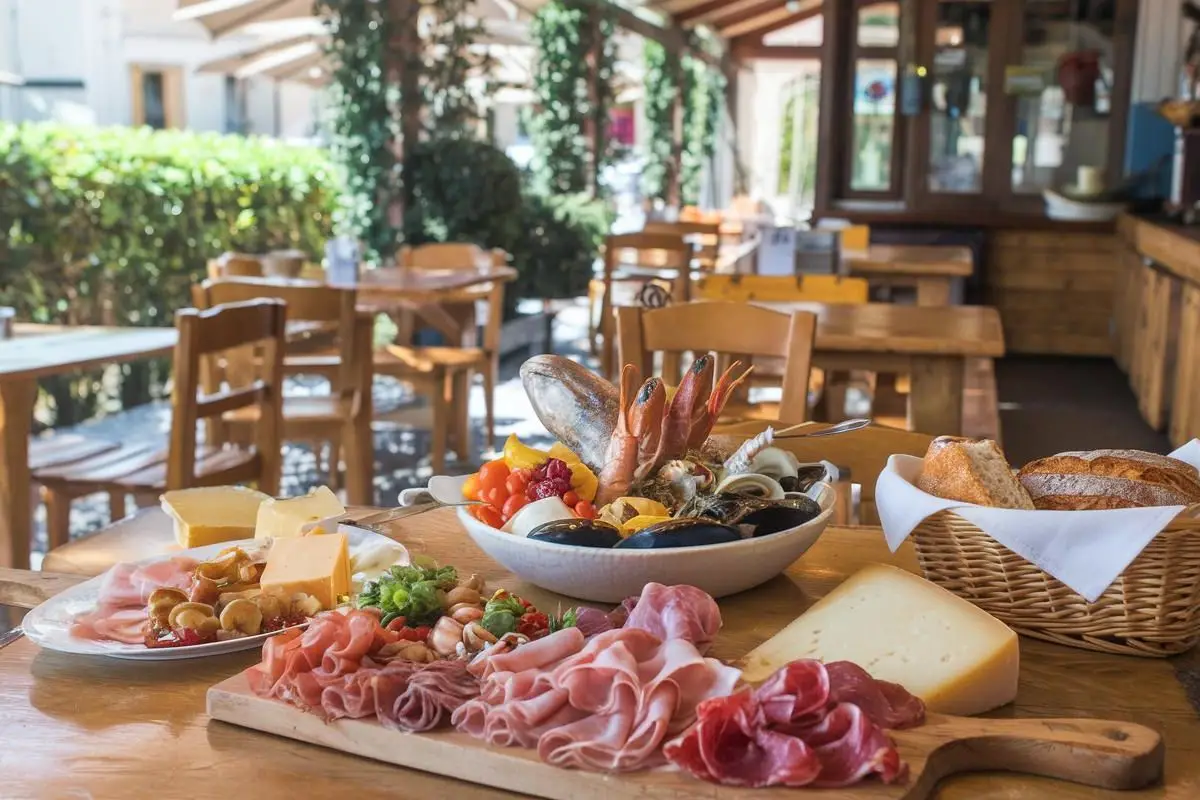 Try local goodies like charcuterie, cheeses, and seafood at a traditional cafe in Corsica, France before your cruise ship departs