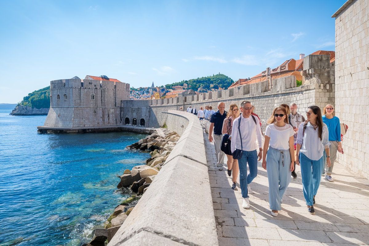 Walking tour group on the historic walls in Dubrovnik, Croatia