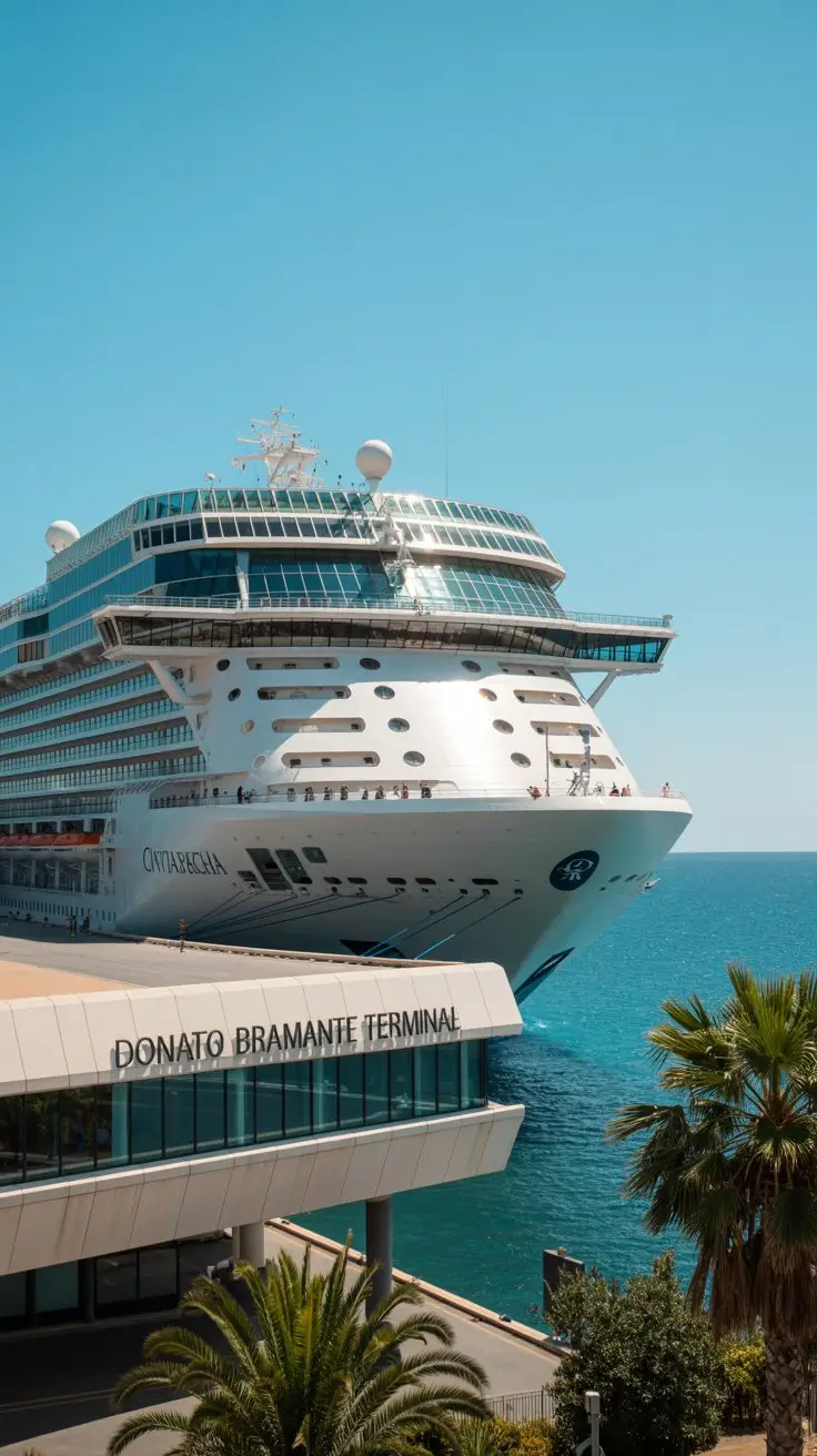 Alt Text: Large cruise ship docked at the modern Donato Bramante Terminal in Civitavecchia port Rome