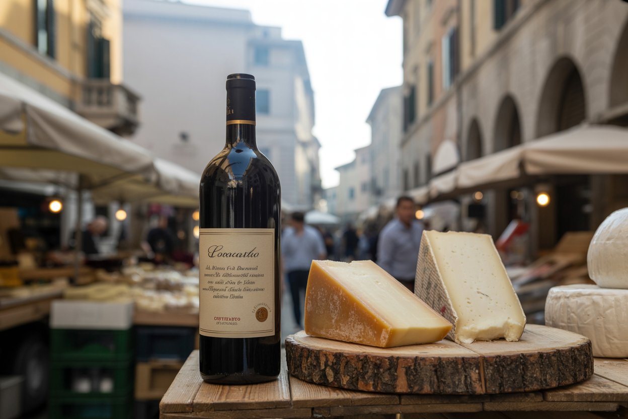 Local Italian wine bottles and fresh cheese at the Mercato Coperto in Civitavecchia.