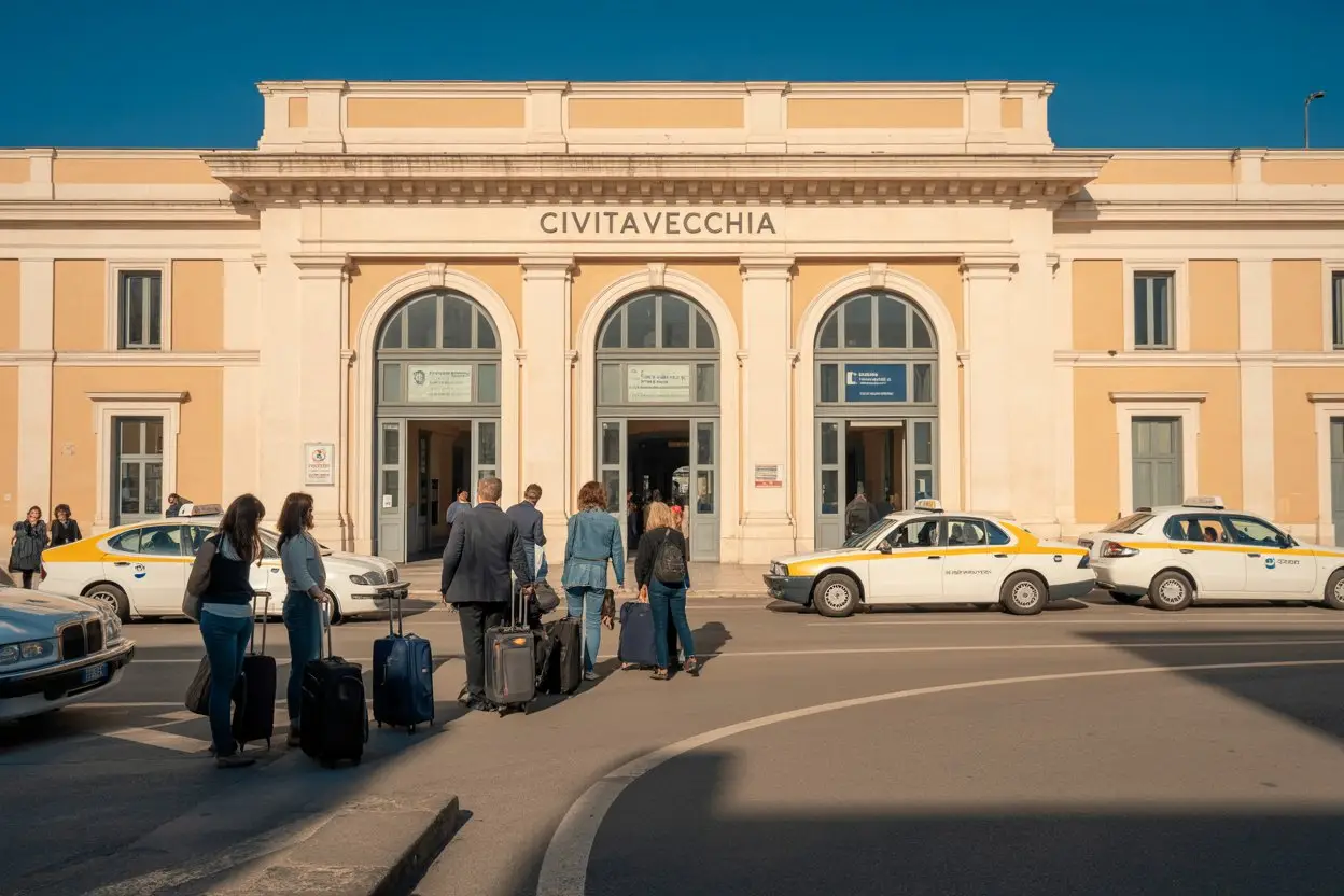 Front entrance of the Civitavecchia train station with passengers and taxis outside.