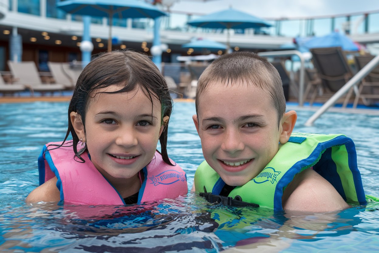 close up 1 girl and 1 older boy in a swimming pool on a Disney Cruise Ship