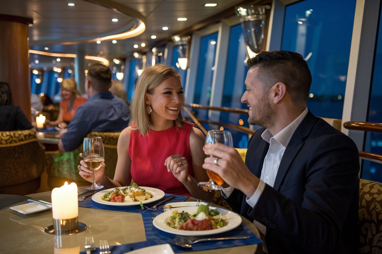 close up mom and dad in Palo restaurant with Italian cuisine at night on a Disney Cruise Ship