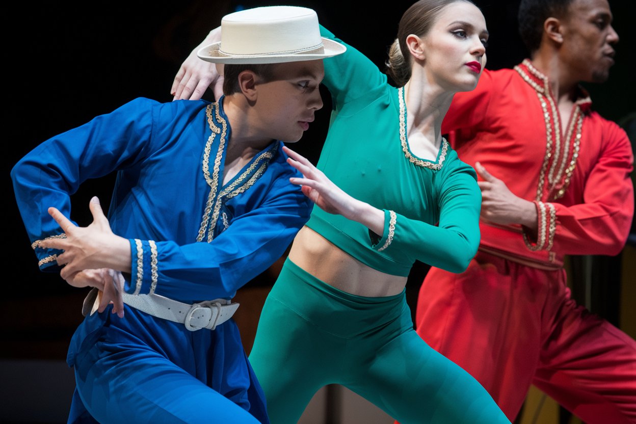 close up of 3 dances in a musical show on a cruise ship stage