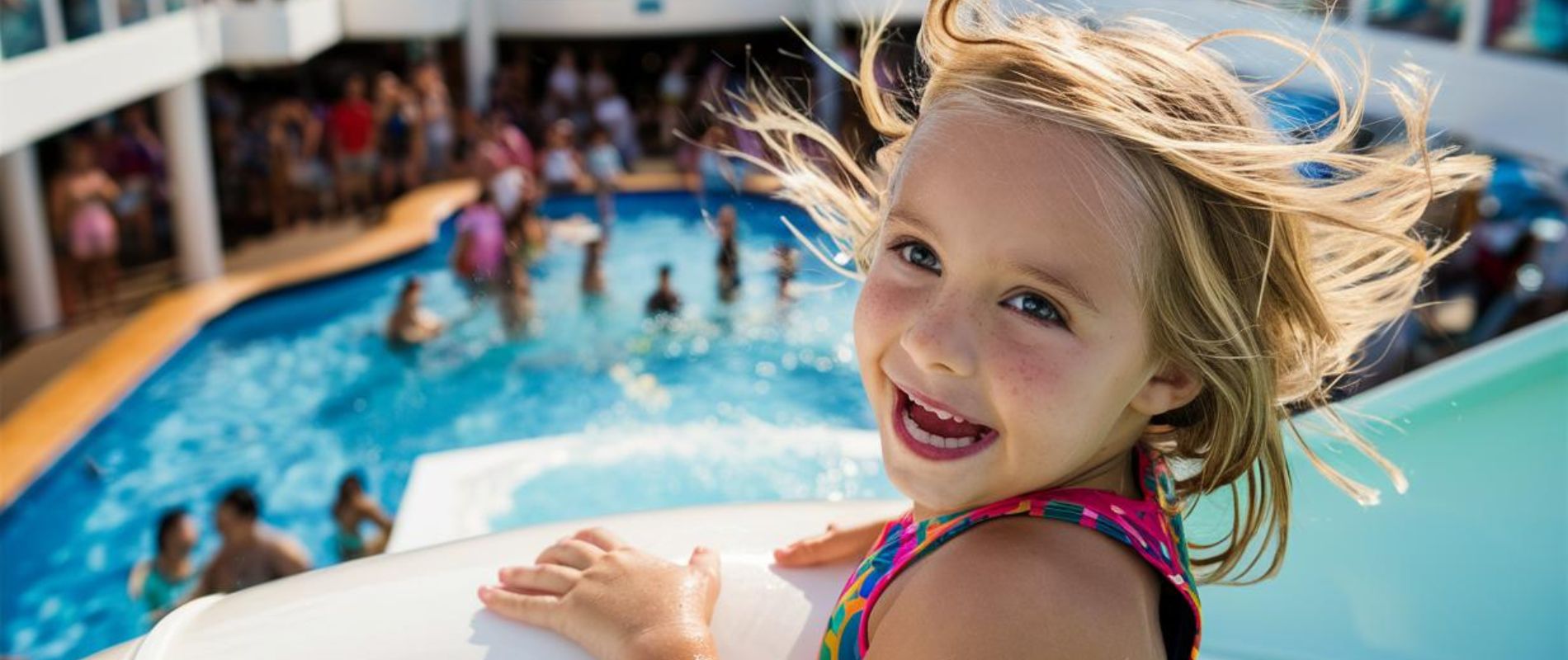 close up of a girl about to go down a water slide on Symphony of the Seas cruise ship