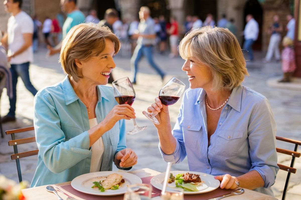 close up. 2 mid aged guests. In Restaurant. Casual lunch. in Barcelona. sunny day.