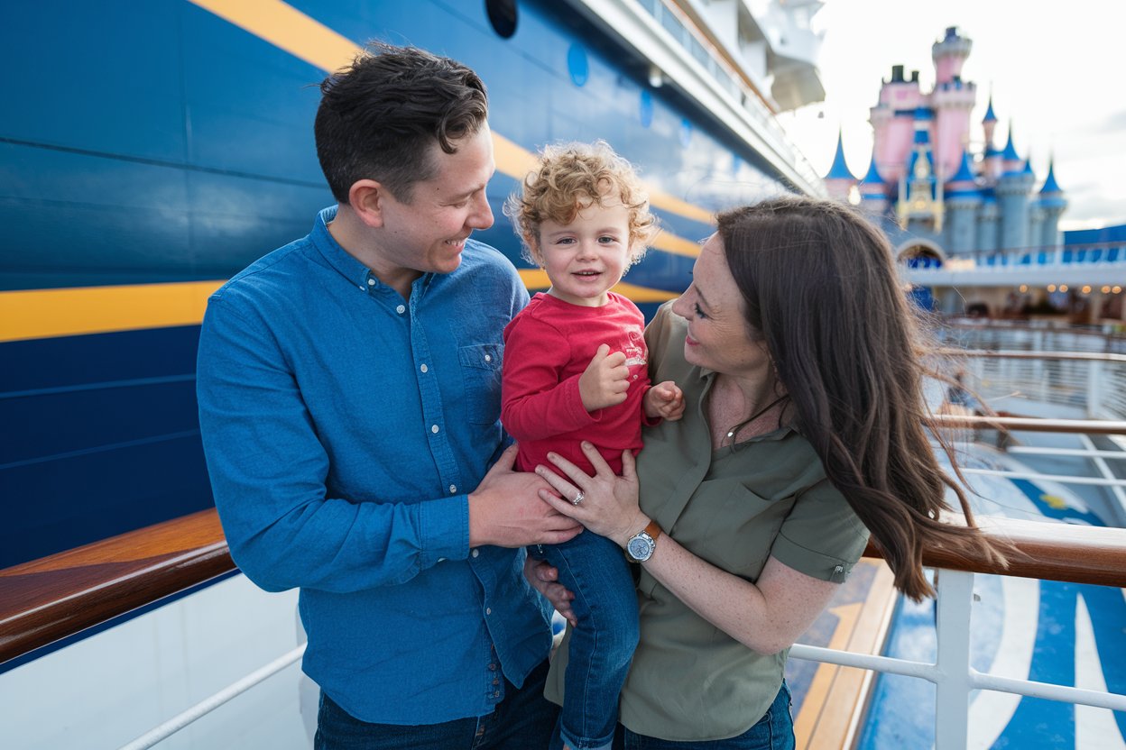 family casually dressed on a Disney Cruise Ship with Dover in the background