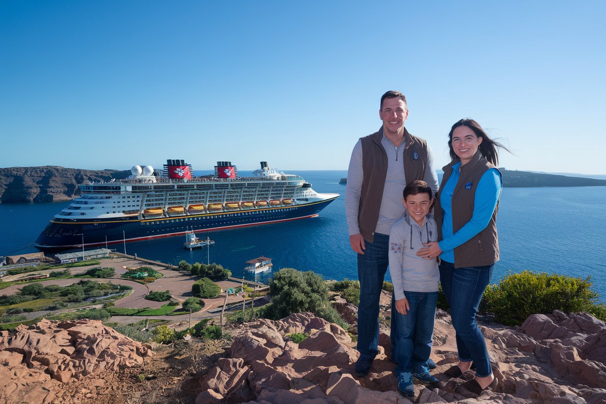 family in Mediterranean with a Disney Cruise Ship in the background