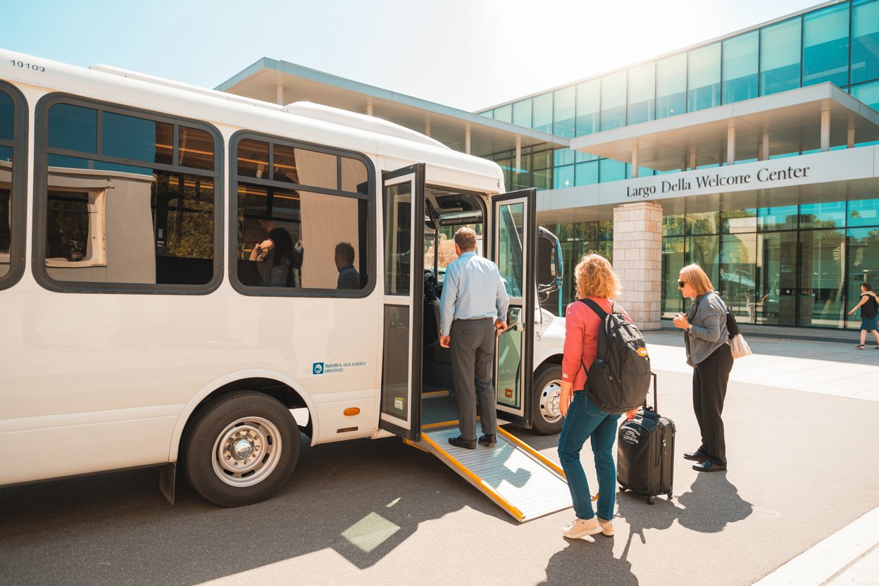 White port mobility shuttle bus dropping off passengers at the Largo della Pace Welcome Center.