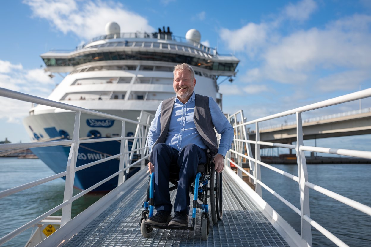 man on a wheelchair on a ramp at Civitavecchia port