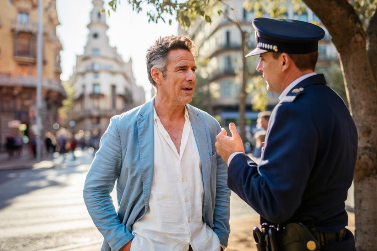 man talking to a policeman in Barcelona city before a cruise ship departure