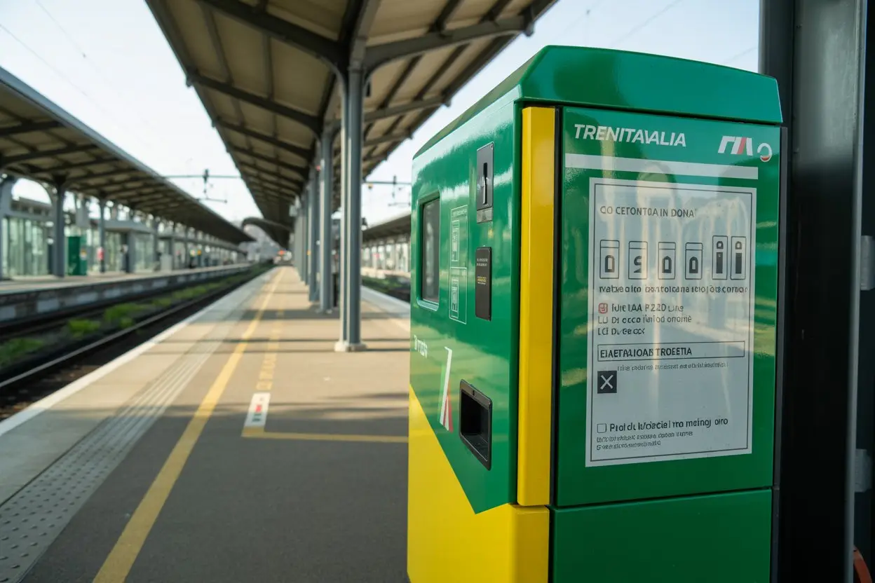 A green and yellow Trenitalia ticket validation machine on the Civitavecchia train station platform.