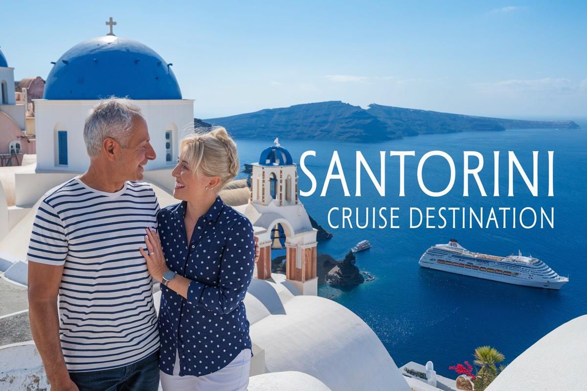 Couple in Santorini, Greece. Cruise ship in the background.