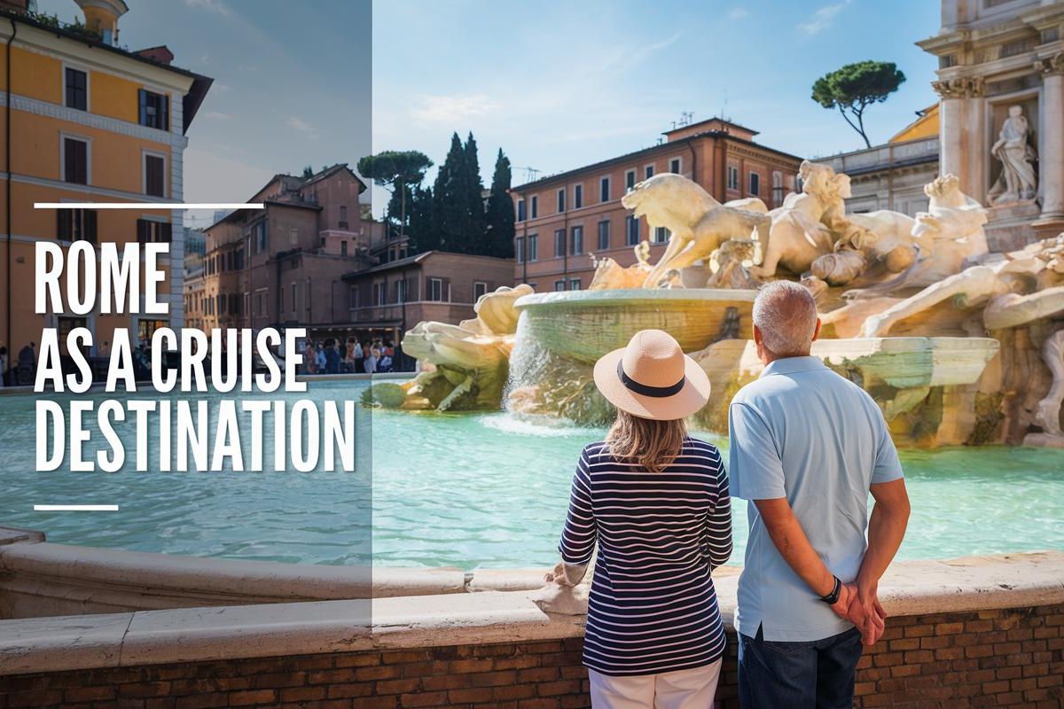 Couple looking at the fountain in Rome before departing on a cruise ship