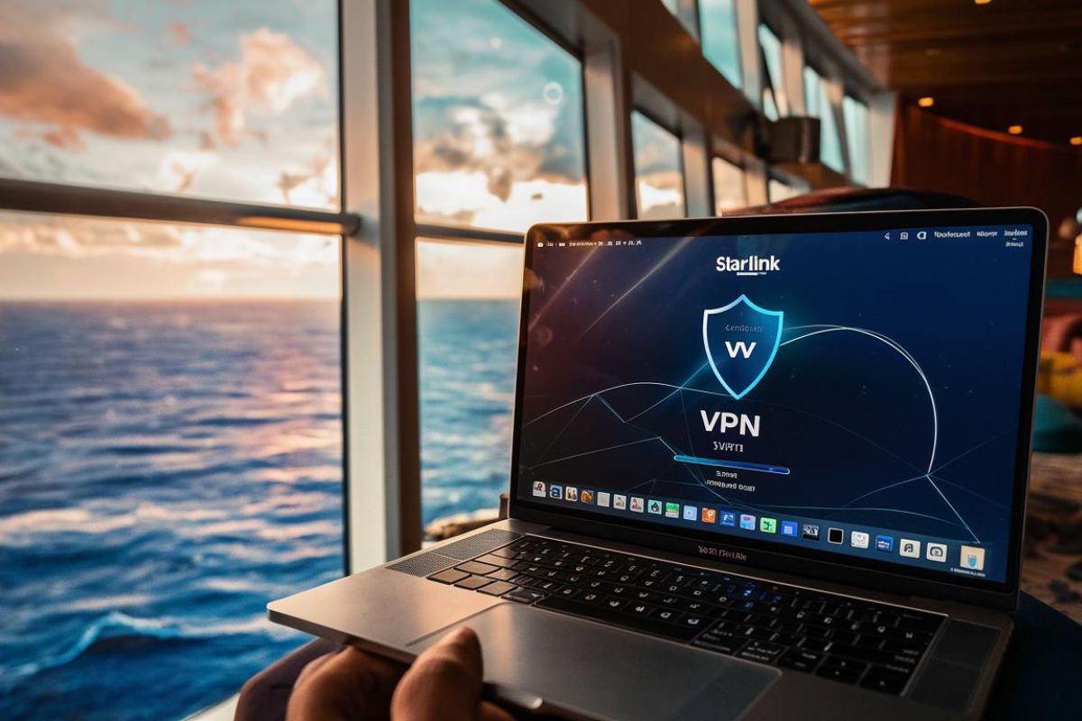 Laptop connected to the internet via a VPN on Starlink on a cruise ship