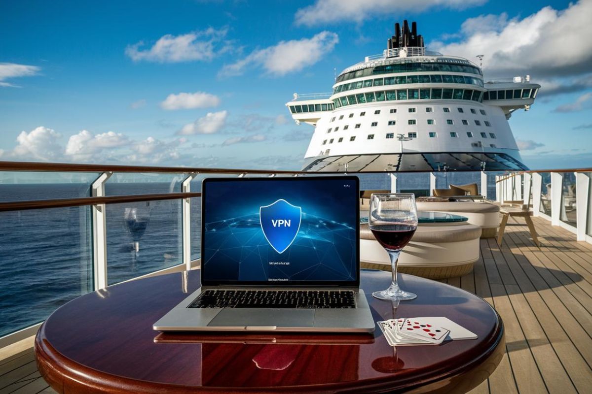 Laptop connected to the internet via a VPN on a cruise ship