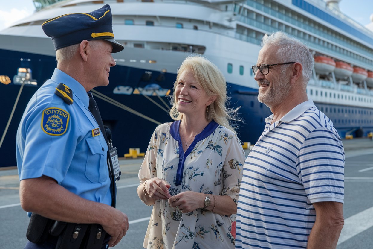 2 guests talking to a Customs offical at The Port with cruise ship in Athens