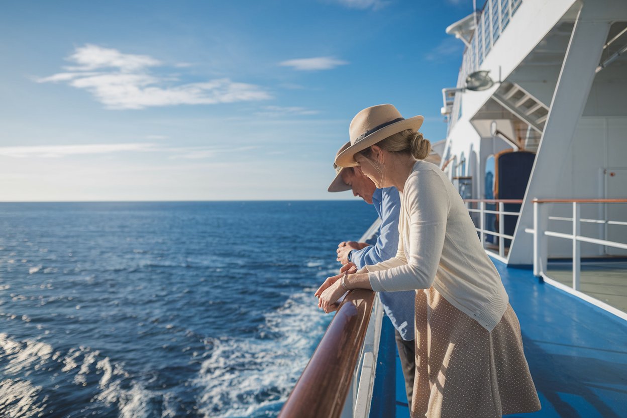 2 people looking over the rail down at the sea on a cruise ship