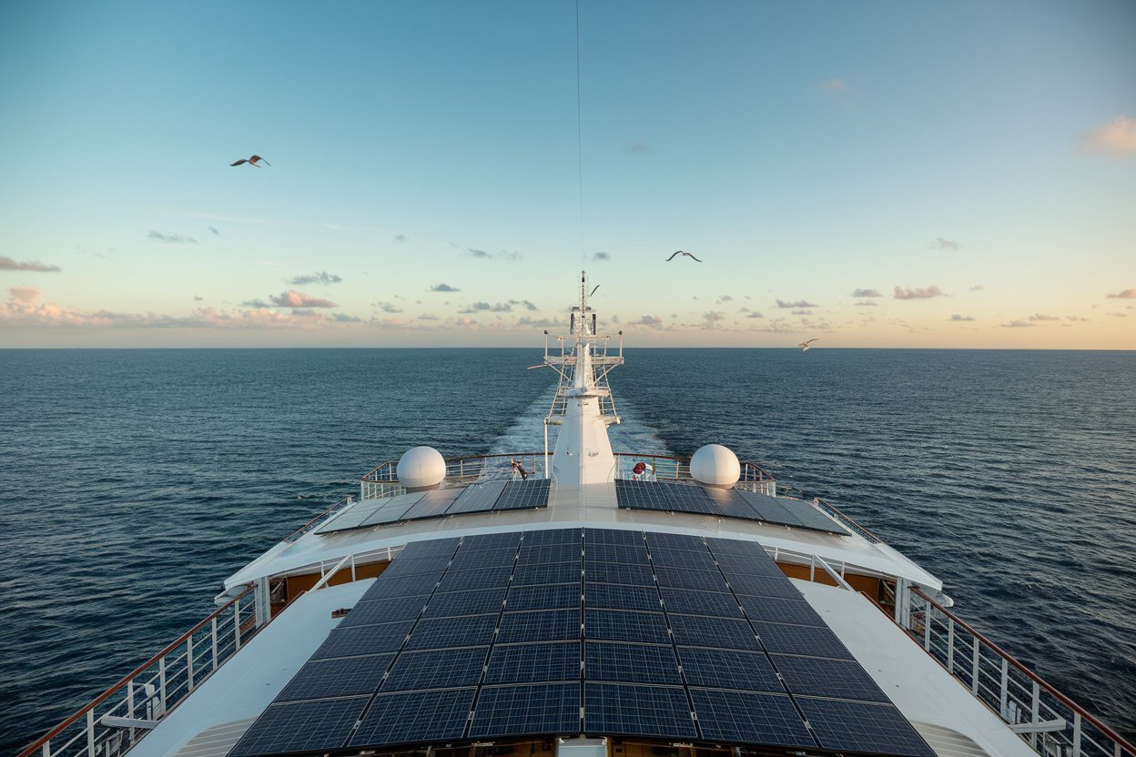 A cruise ship with solar panels on the top deck