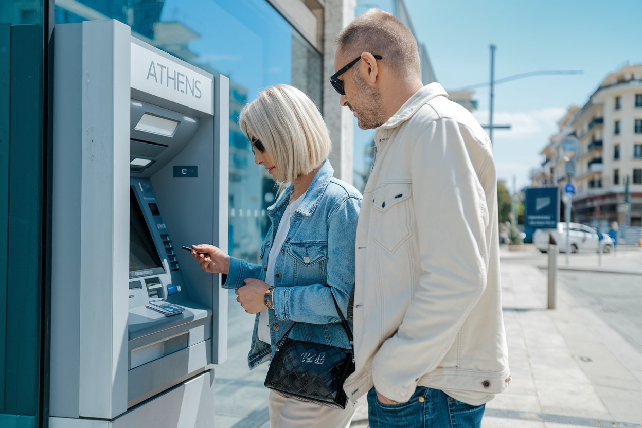 Couple at the ATM machine in Athens before getting on a cruise ship