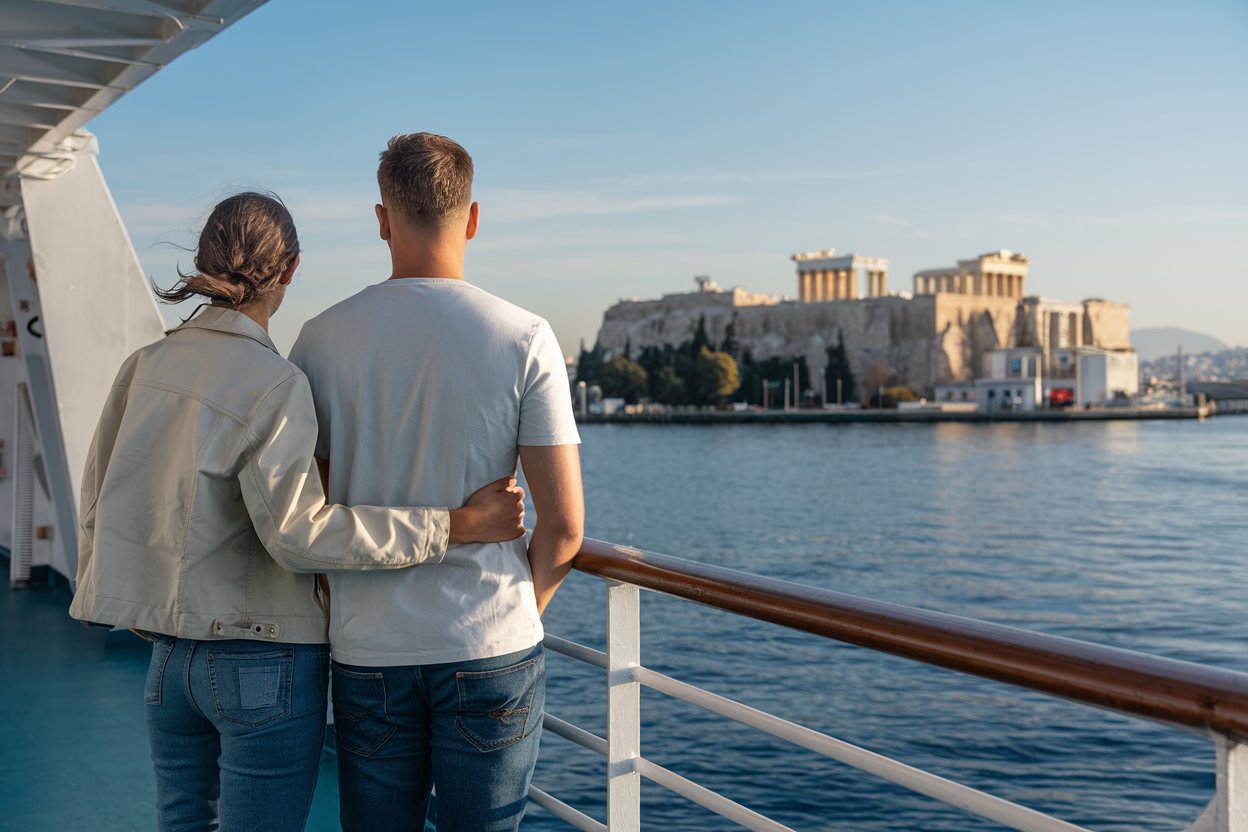 Couple casually dressed on a cruise ship looking at Athens