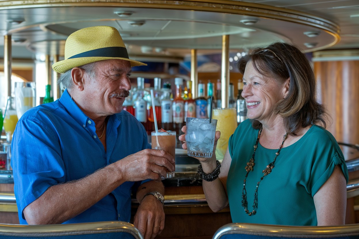 Couple enjoying a drink at the bar on Queen Elizabeth cruise ship