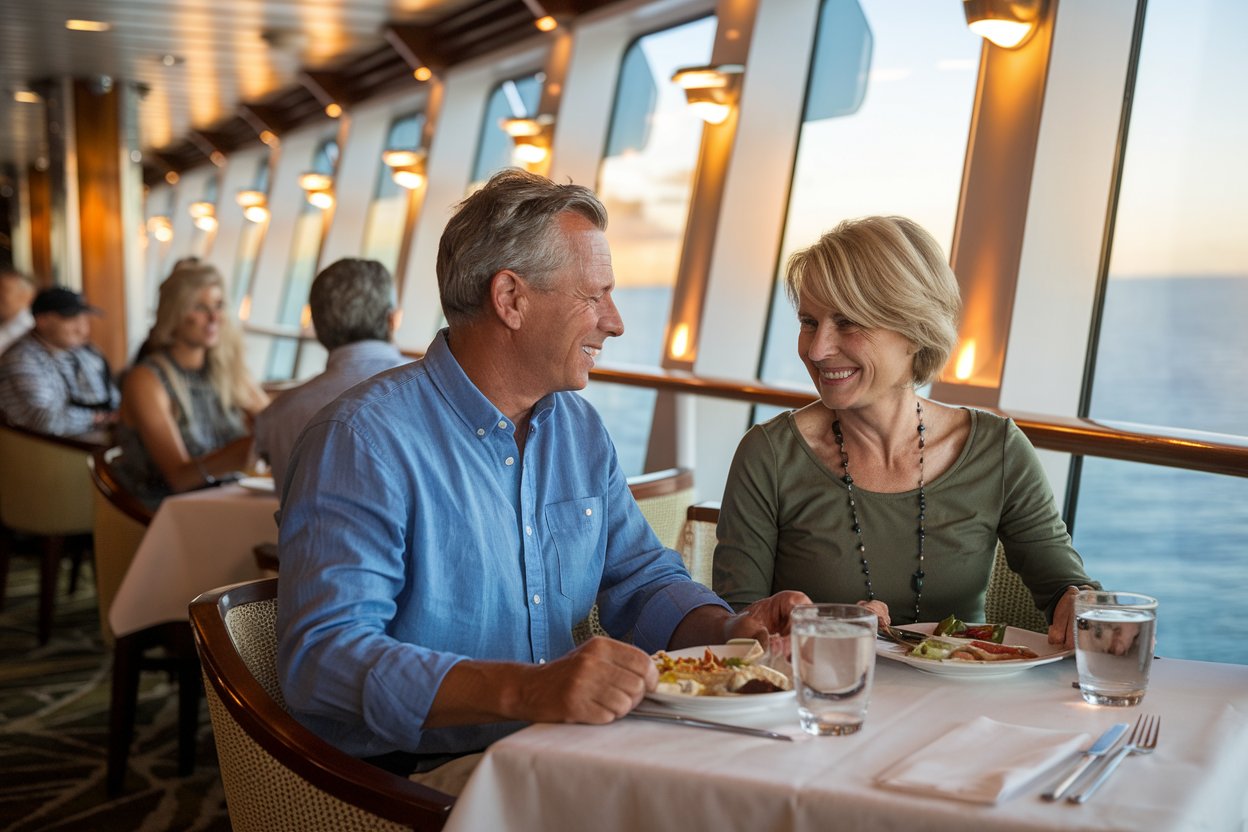 Couple having lunch in the Britania Restaurant on Queen Elizabeth cruise ship