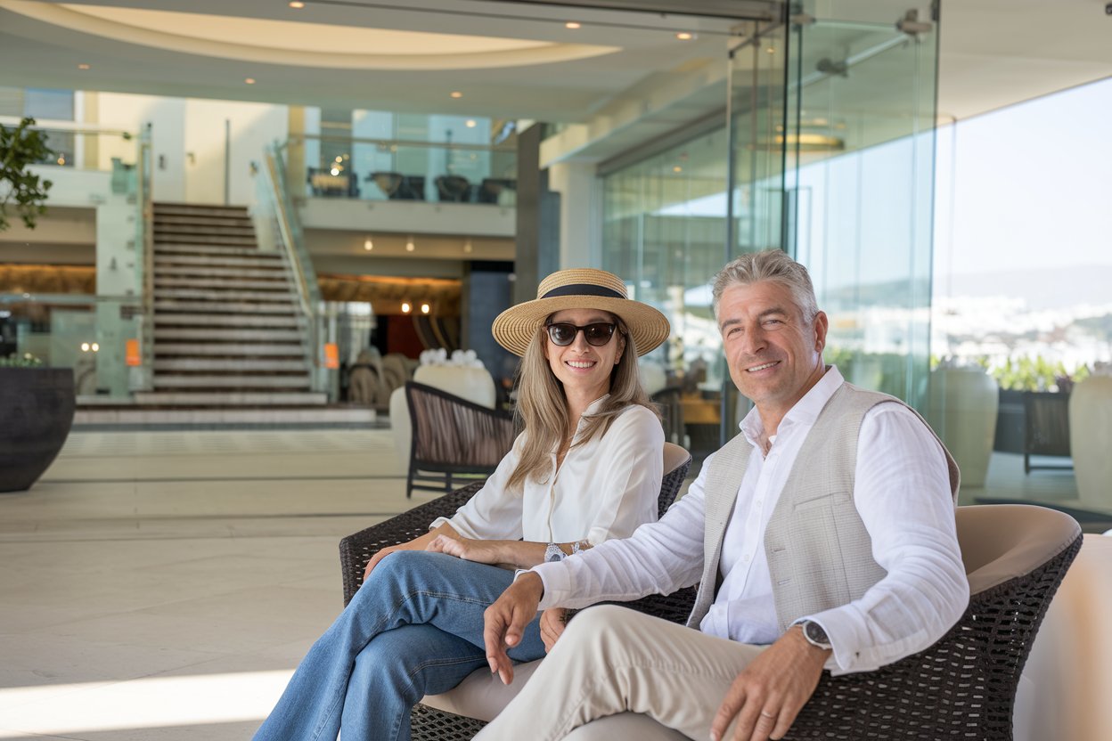 Couple in the foyer of a hotel in Athens before departing on a cruise ship