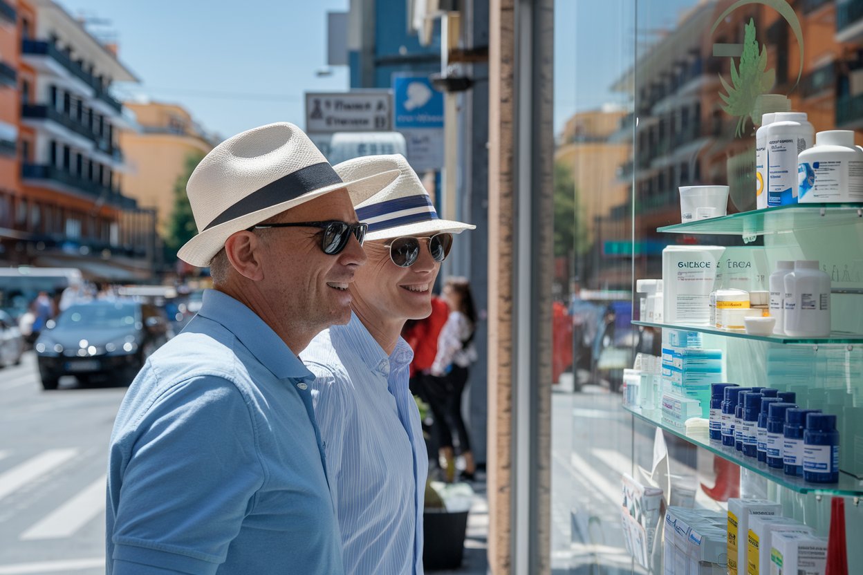 Couple looking in the window of a pharmacy in Athens before departing on a cruise ship