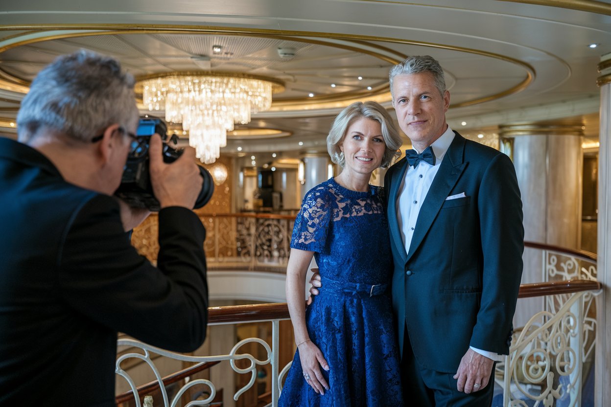 Couple on gala night in formal dress getting photo taken on Queen Elizabeth cruise ship