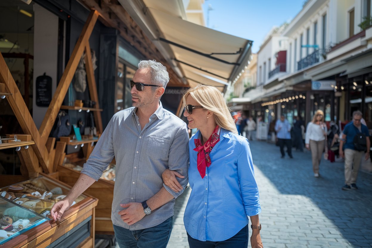 Couple walking the markets in Piraeus Athens before boarding a cruise ship