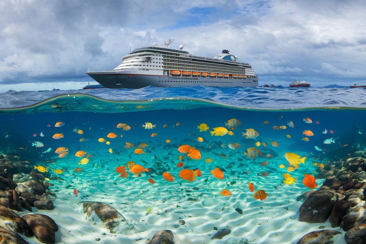 Cruise ship in clear water with fish