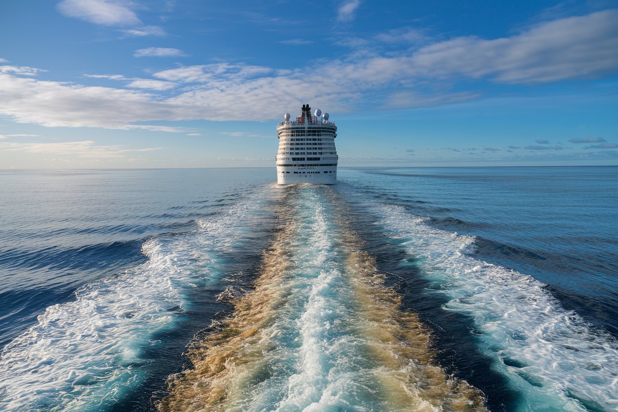 Cruise ship in the ocean with dirty water coming out from the back