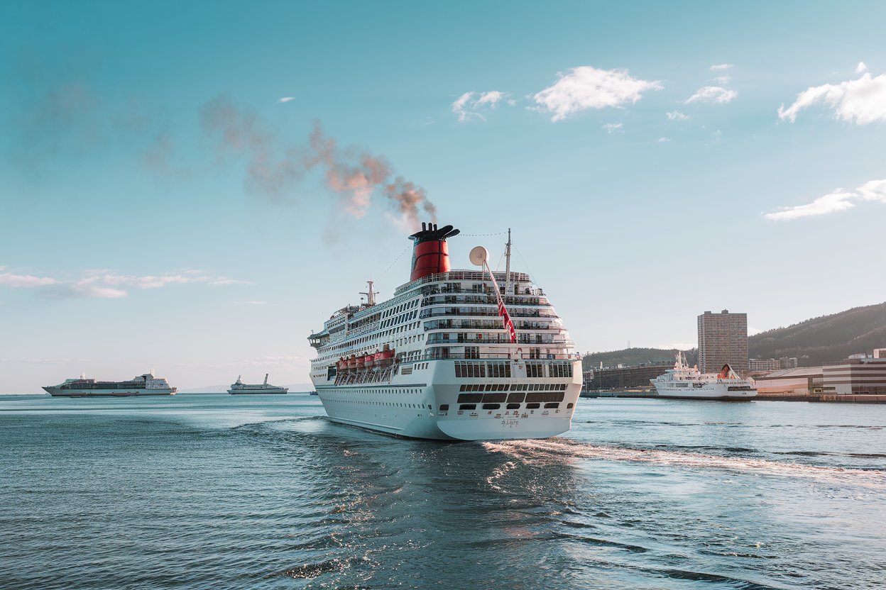 Cruise ship with lots of smoke coming out of its funnel