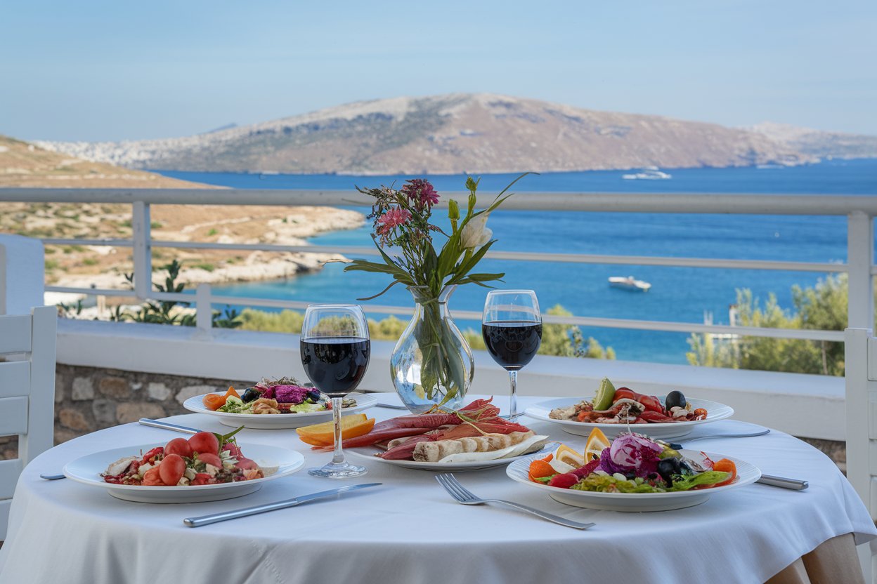 Dinner table with food from Greece in Athens