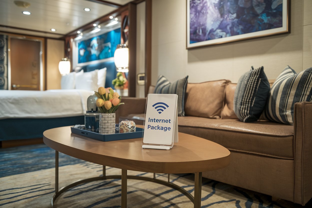 Internet package sign in cabin on Queen Elizabeth cruise ship