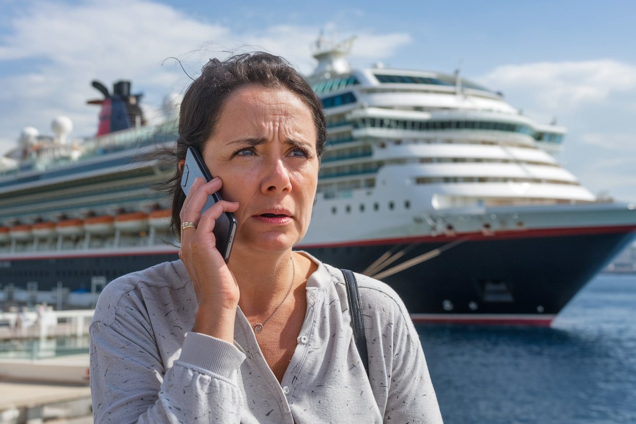 Lady casually dressed looking a little worried. Talking on a mobile phone in Athens before getting on a cruise ship