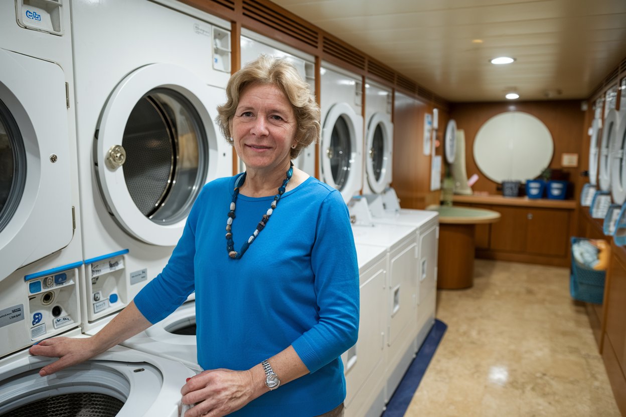 Lady doing washing in laundry room on Queen Elizabeth cruise ship