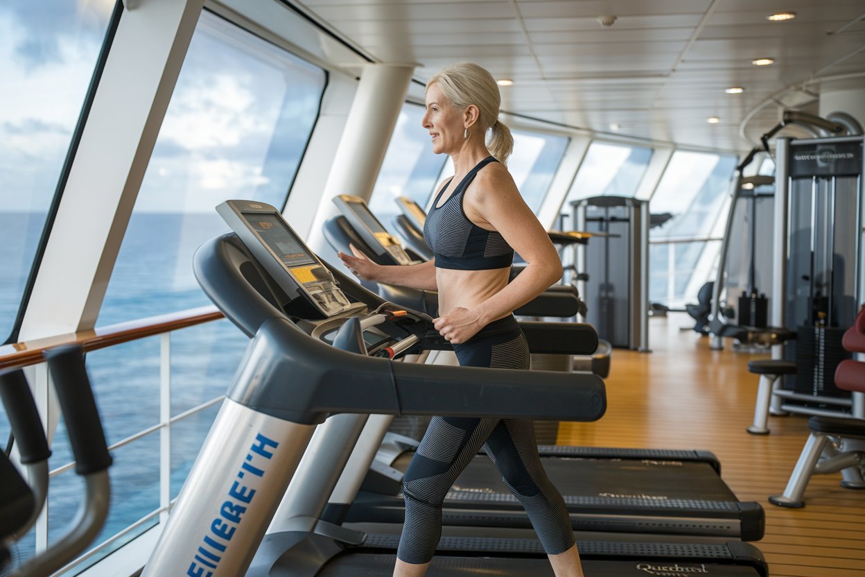 Lady on a running machine in the gym on Queen Elizabeth cruise ship