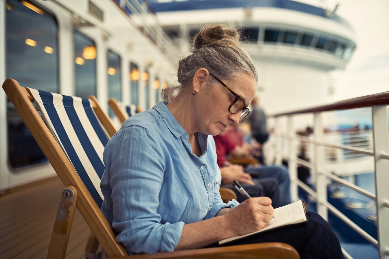 Lady writing a review about Queen Elizabeth on the deck