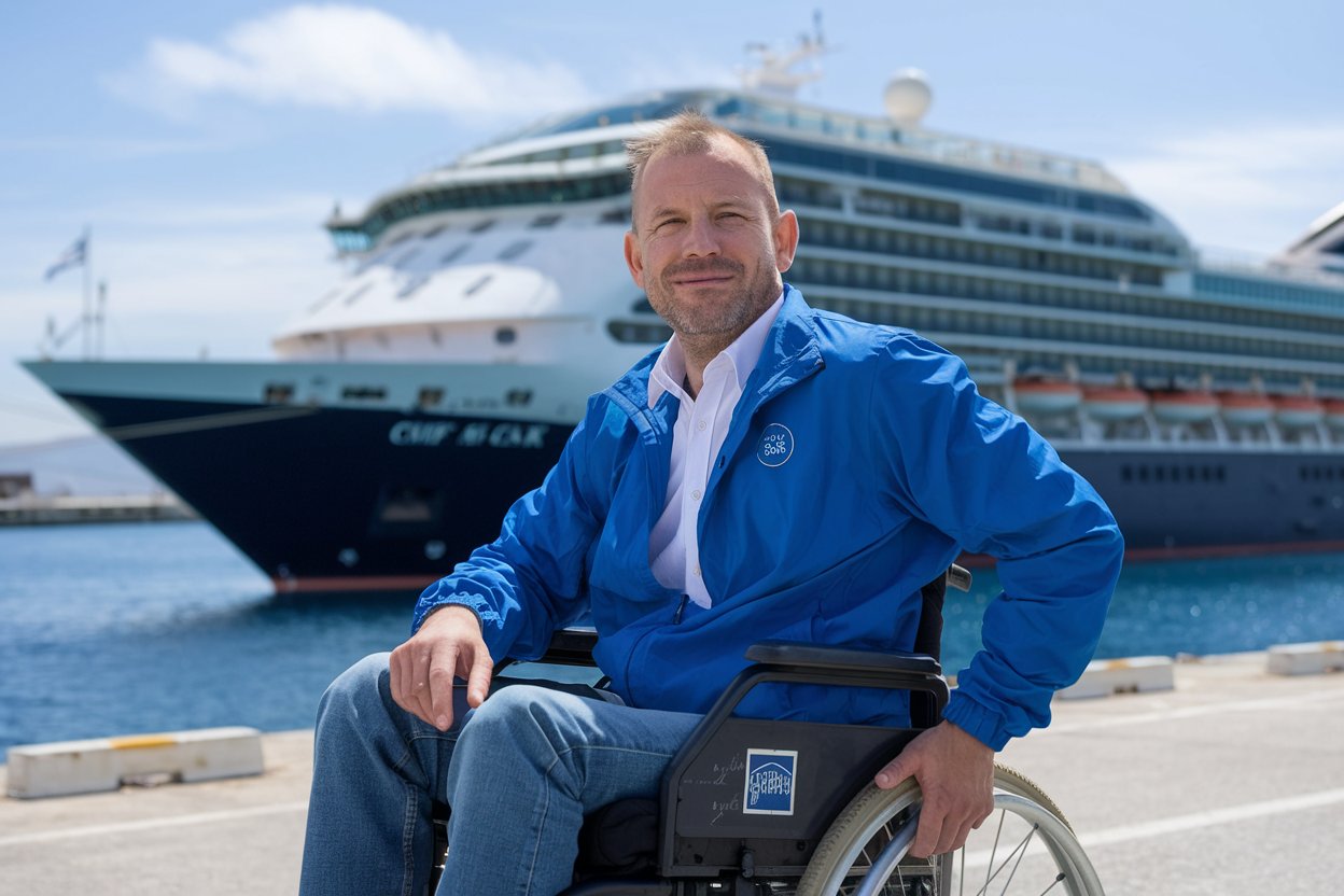 Mid aged man casually dressed in a wheelchair at the port of Athens with a cruise ship