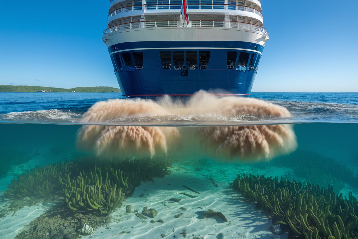 Powerul propellers on a cruise ship stirring up the seabed