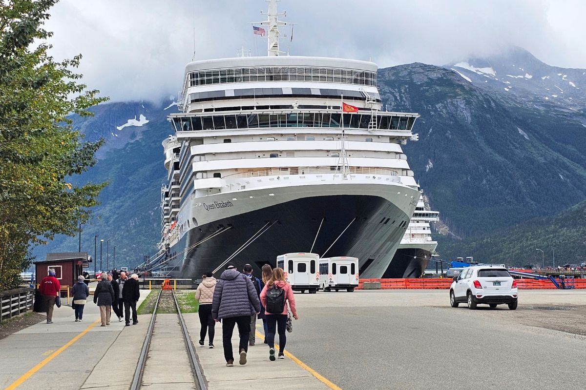 Queen Elizabeth cruise ship docked in Skagway Alaska