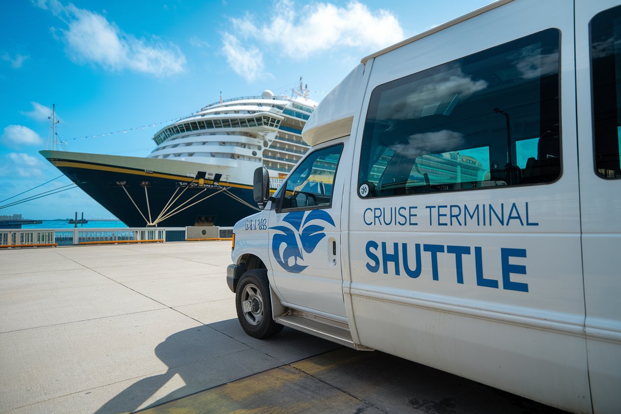 Shuttle bus at cruise terminal. Cruise ship in the background in Athens