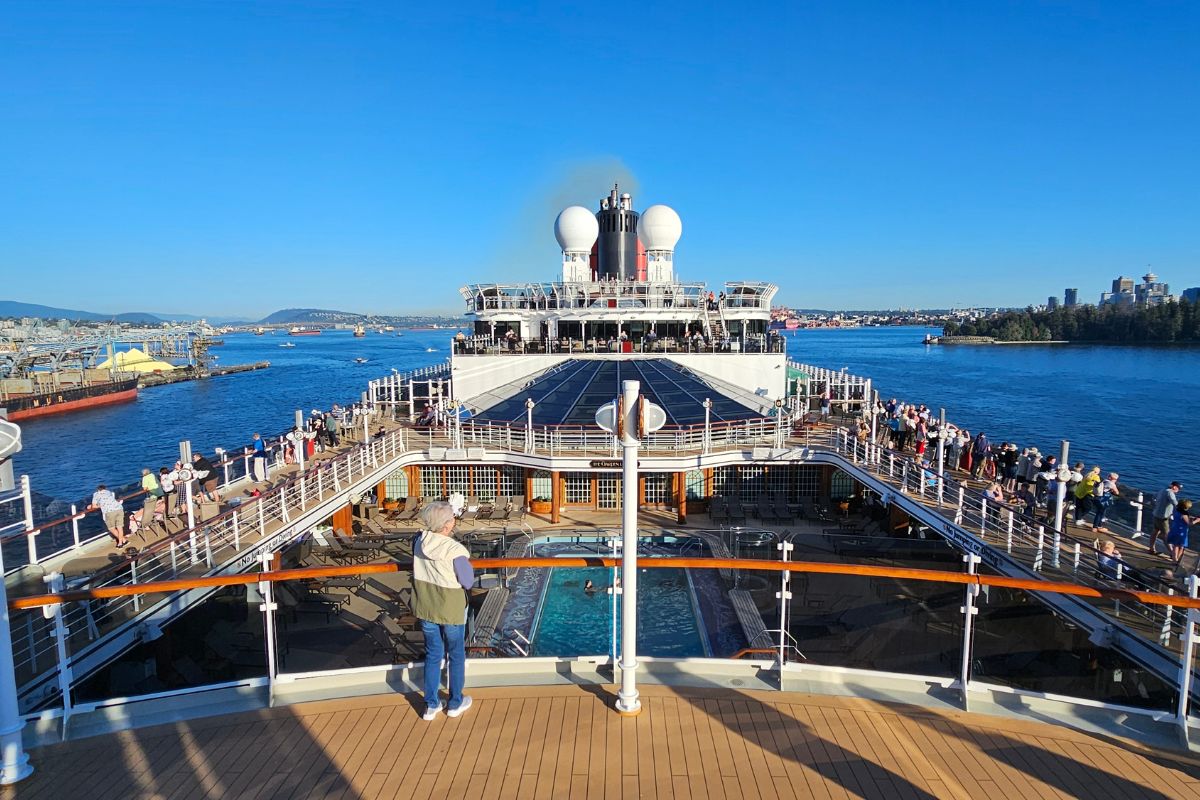 Top deck on Queen Elizabeth cruise ship leaving Vancouver