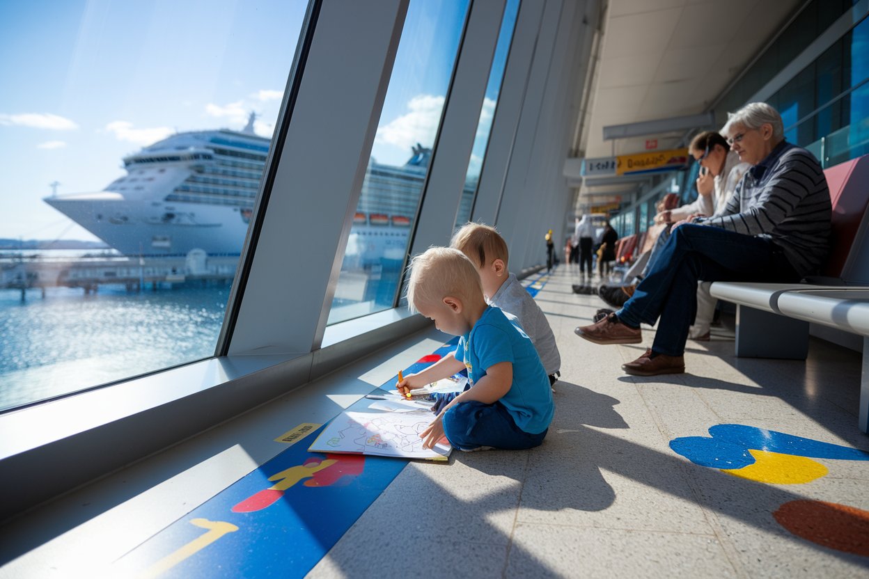 Two kids colouring in on the floor of the cruise termial in Athens