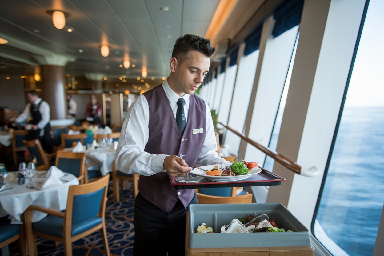 Waiter putting leftover food scraps into a bin on a cruise ship