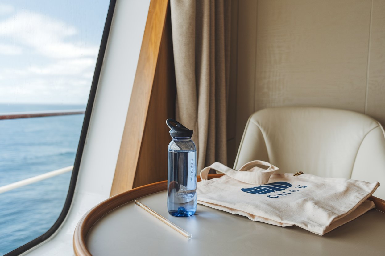 Water bottle, straw and tote bag in the cabin